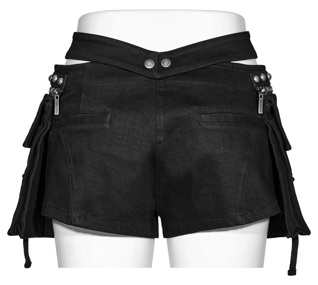 Black punk shorts with detachable cargo pockets and rivet details, showcasing an edgy, stylish look.