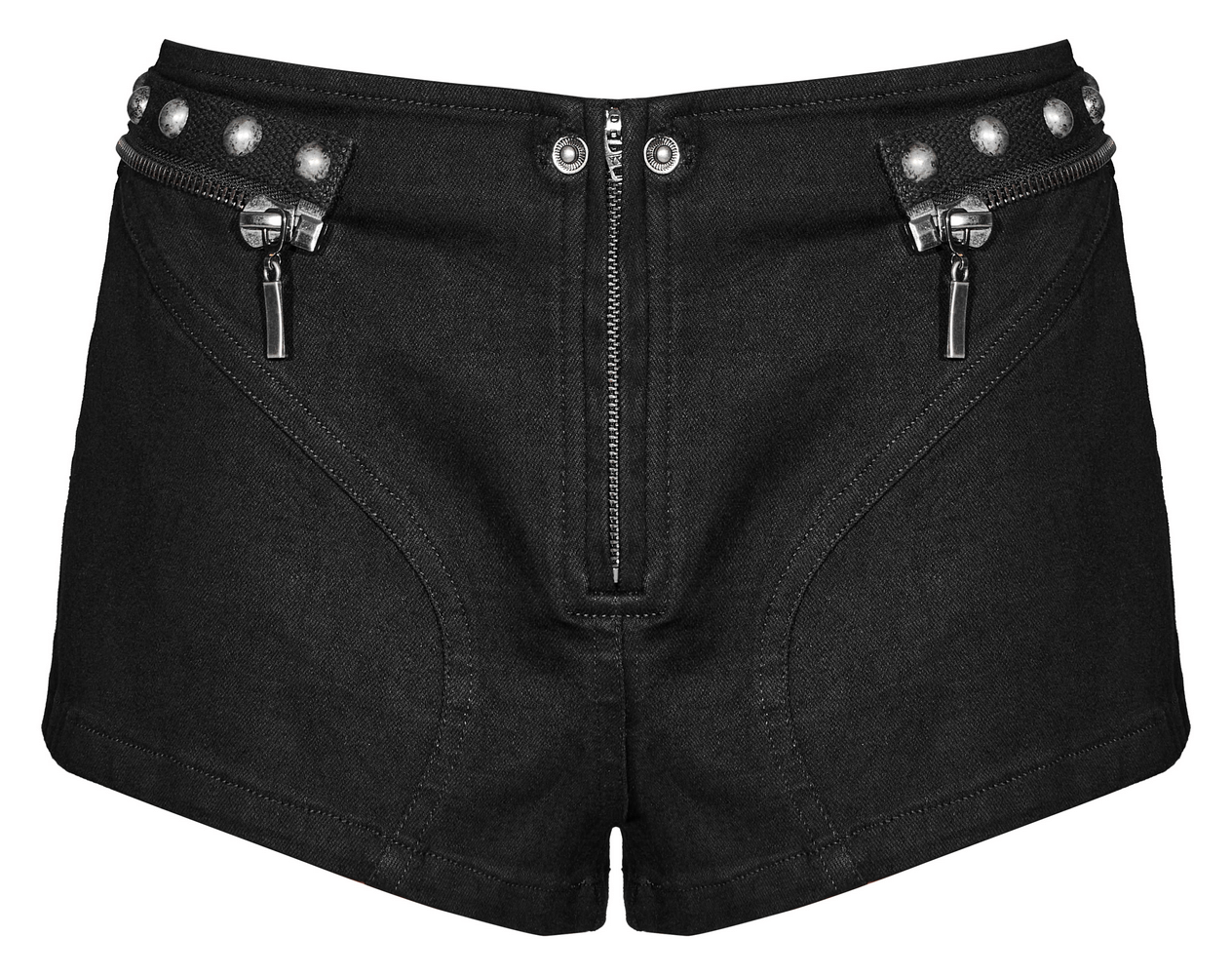 Black punk riveted shorts with zippers and stud embellishments for a fierce fashion statement.
