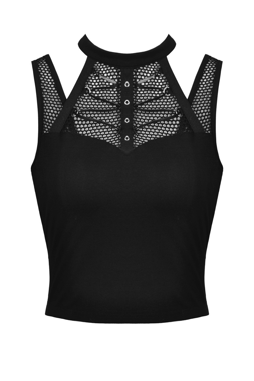 Punk Female Sleeveless Crop Top with Ribcage Mesh Detailing