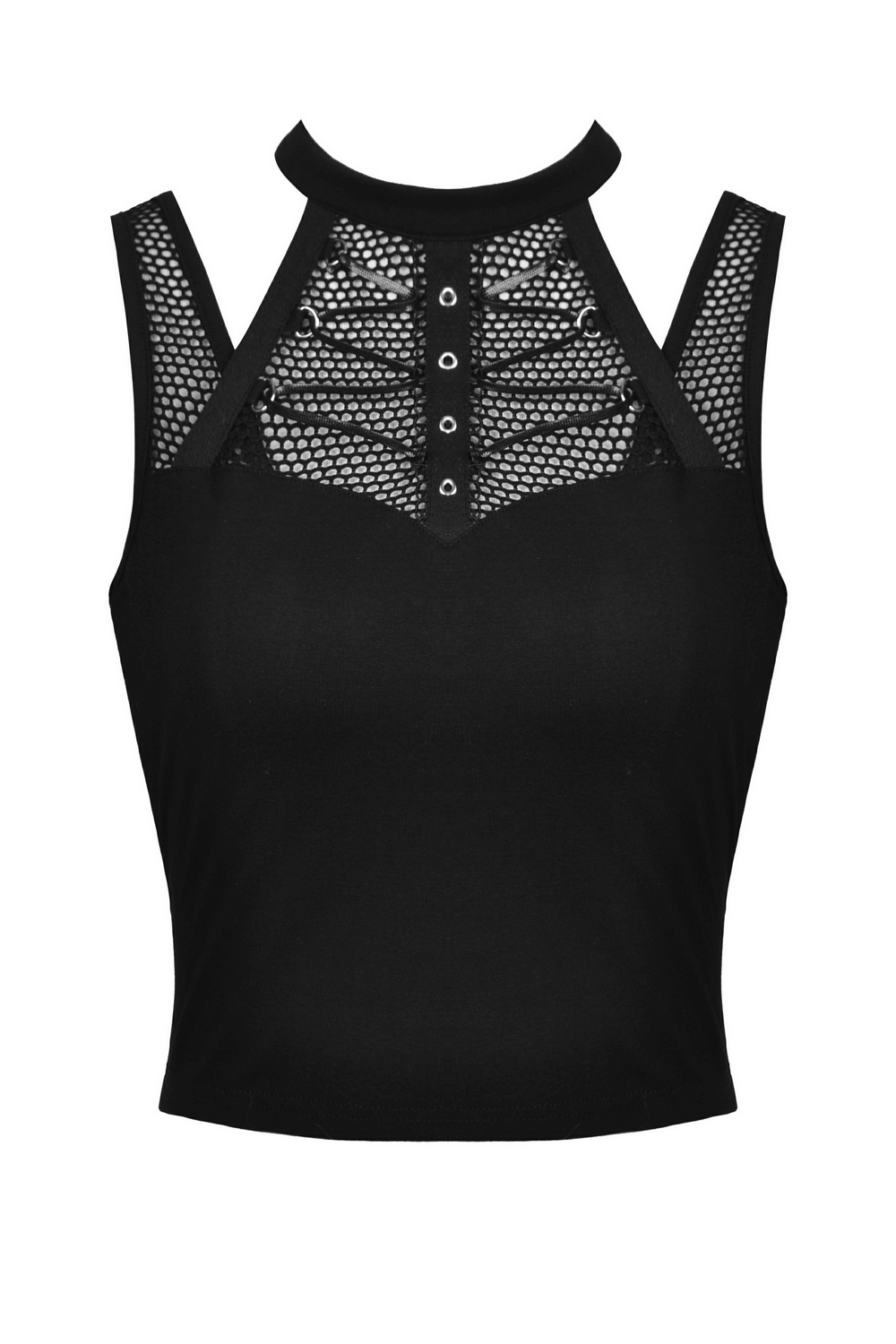 Edgy black sleeveless crop top featuring ribcage mesh detailing and lace-up accents, perfect for a gothic style.