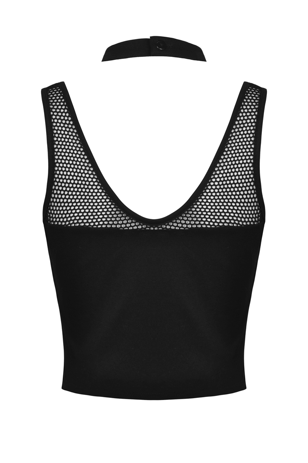Edgy black sleeveless crop top with ribcage mesh detailing and lace-up back for a gothic vibe.