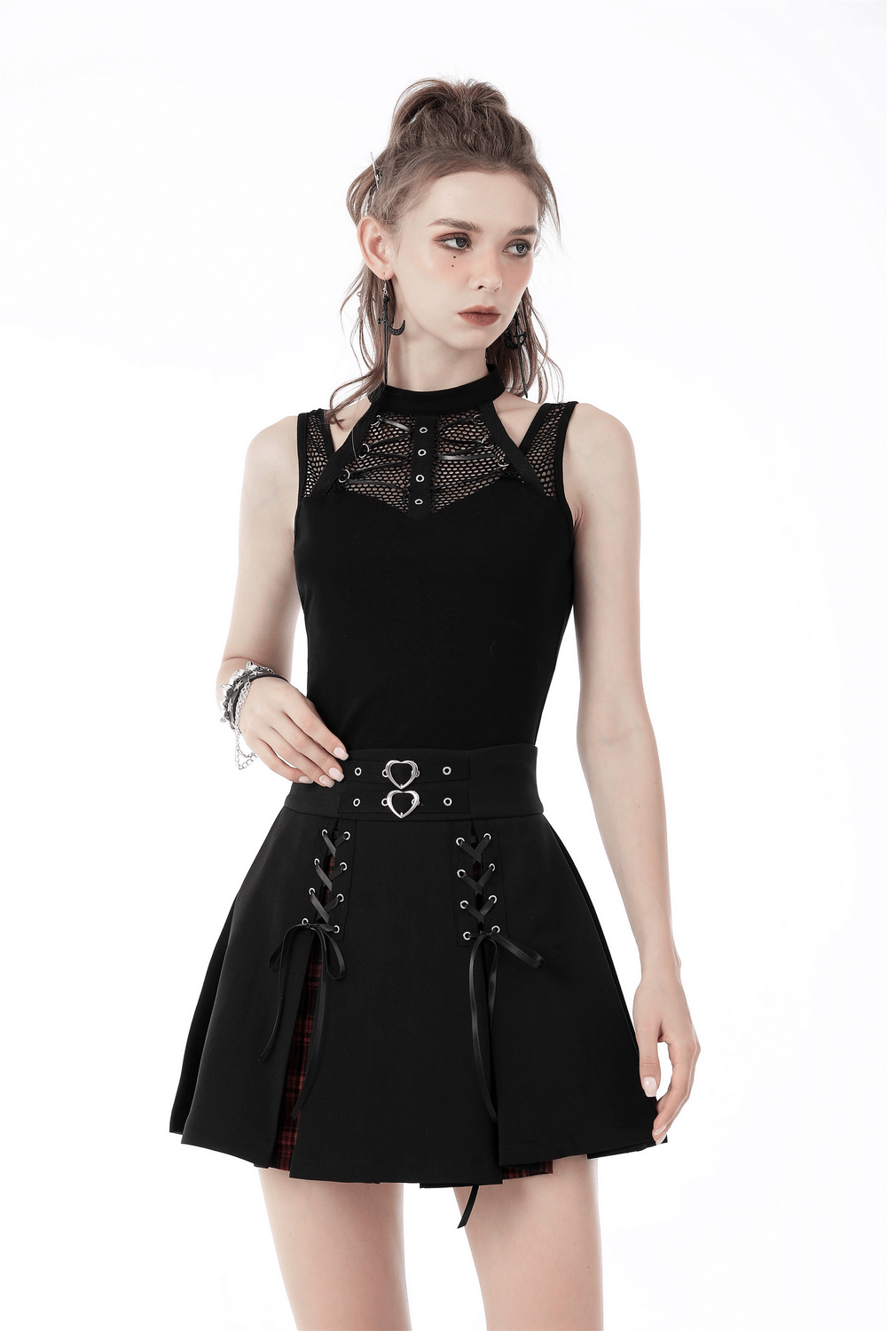 Punk Female Sleeveless Crop Top with Ribcage Mesh Detailing