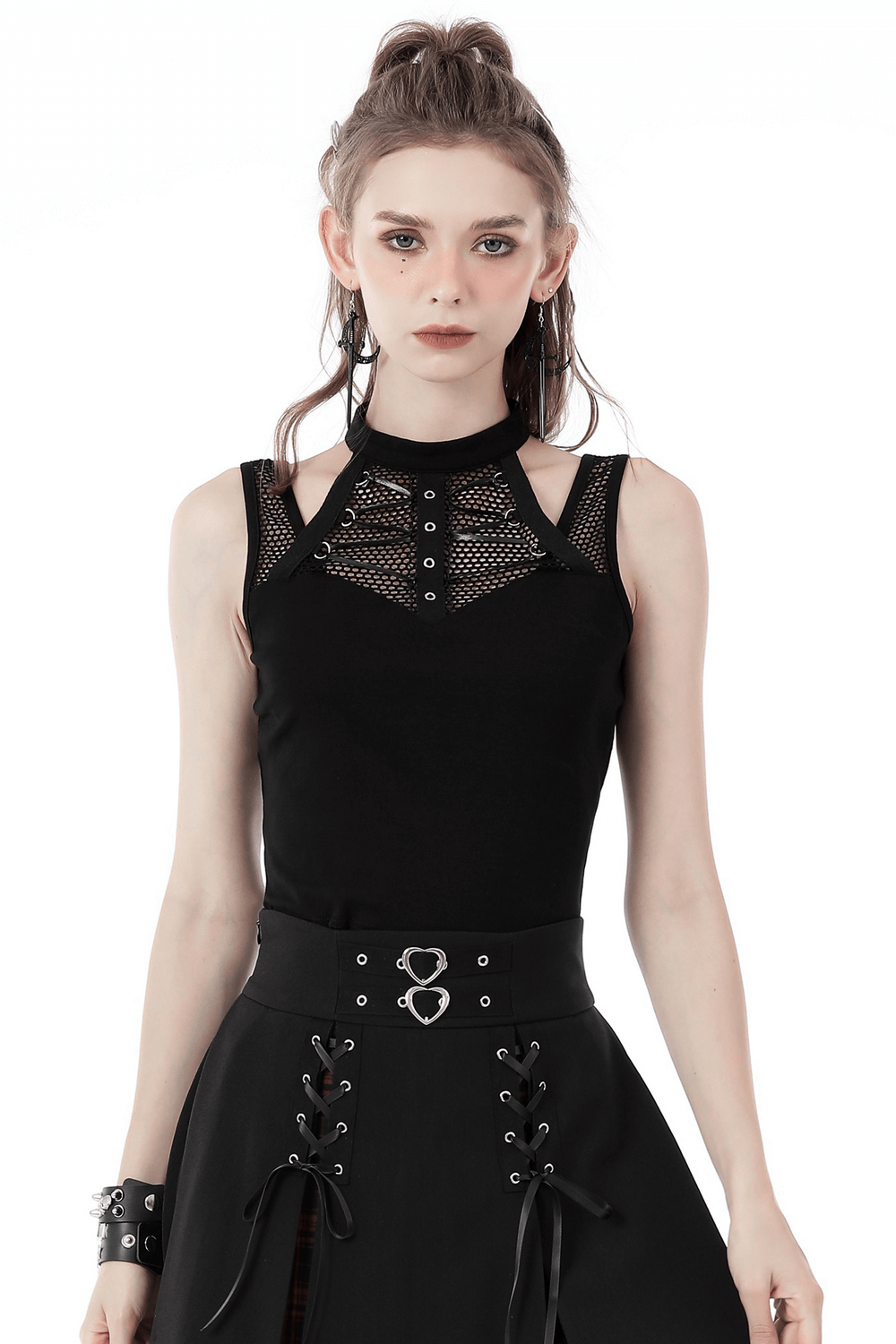 Edgy black sleeveless crop top with ribcage mesh detailing, perfect for gothic fashion statements.