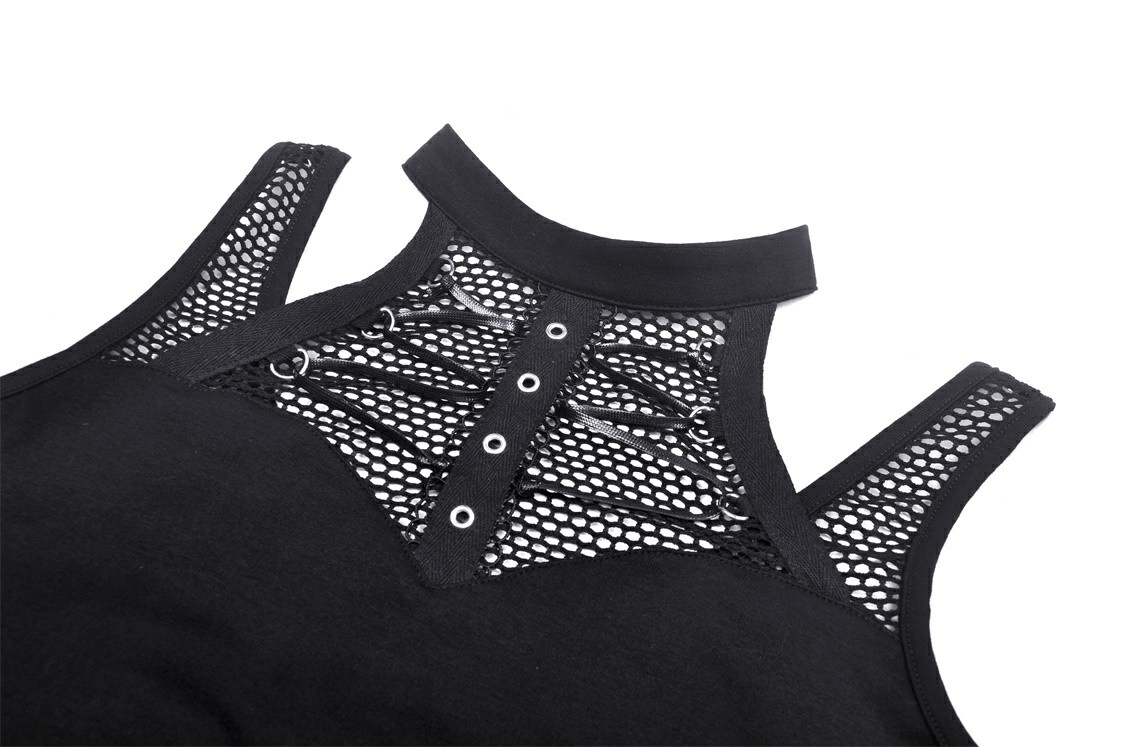 Edgy black sleeveless crop top with ribcage mesh detailing and lace-up accents, perfect for a punk style.