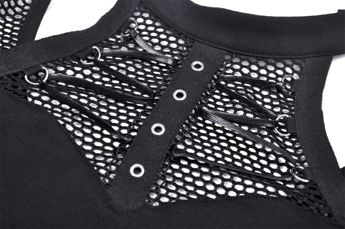 Close-up of a black sleeveless crop top with ribcage mesh detailing and lace-up accents, showcasing edgy fashion style.