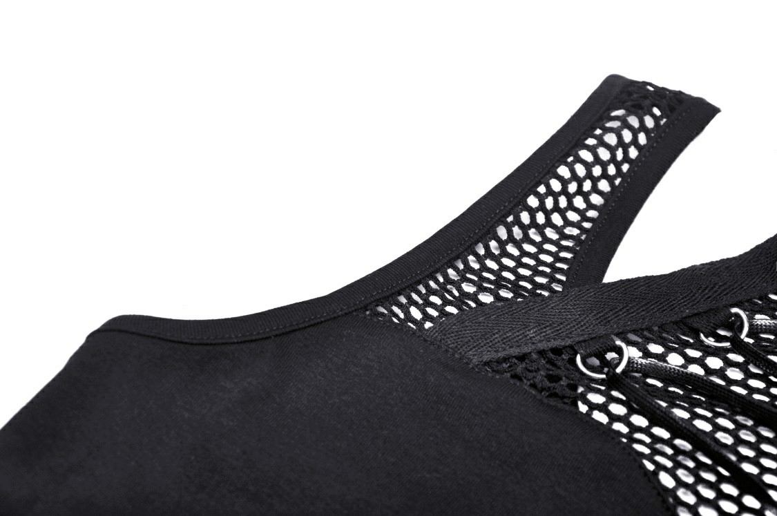 Close-up of edgy black sleeveless crop top with ribcage mesh detailing and lace-up accents.