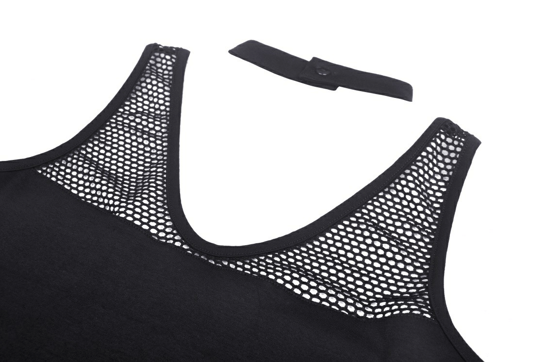 Edgy black sleeveless crop top with ribcage mesh detailing and lace-up accent. Perfect for gothic-inspired outfits.