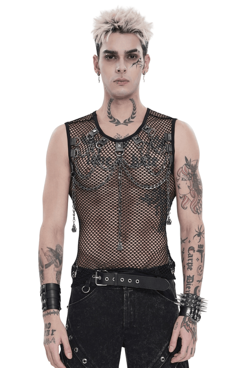 Punk-Netztanktop mit Ketten und Nietenriemen