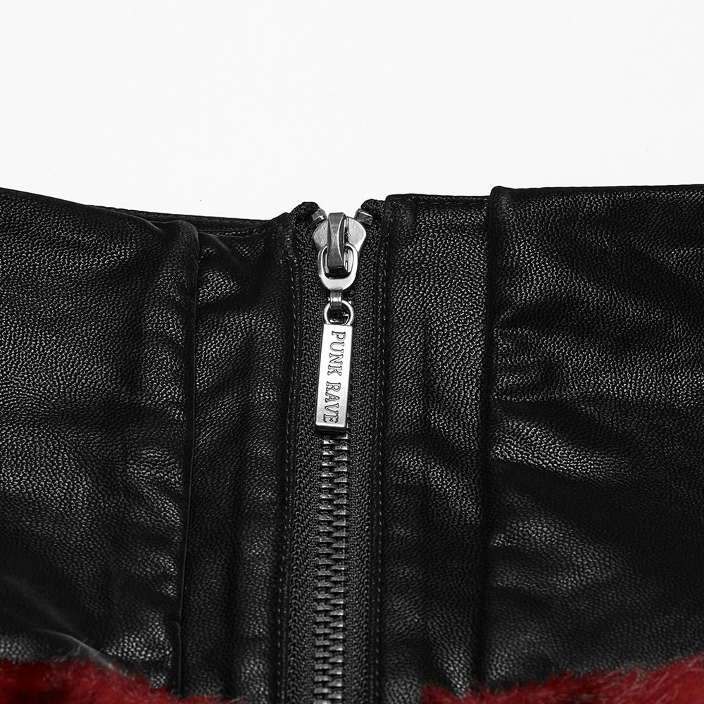Close-up of the zipper detail on a Punk Flame Tie-Dyed Faux Leather and Fur Skirt, showcasing edgy design and quality craftsmanship.