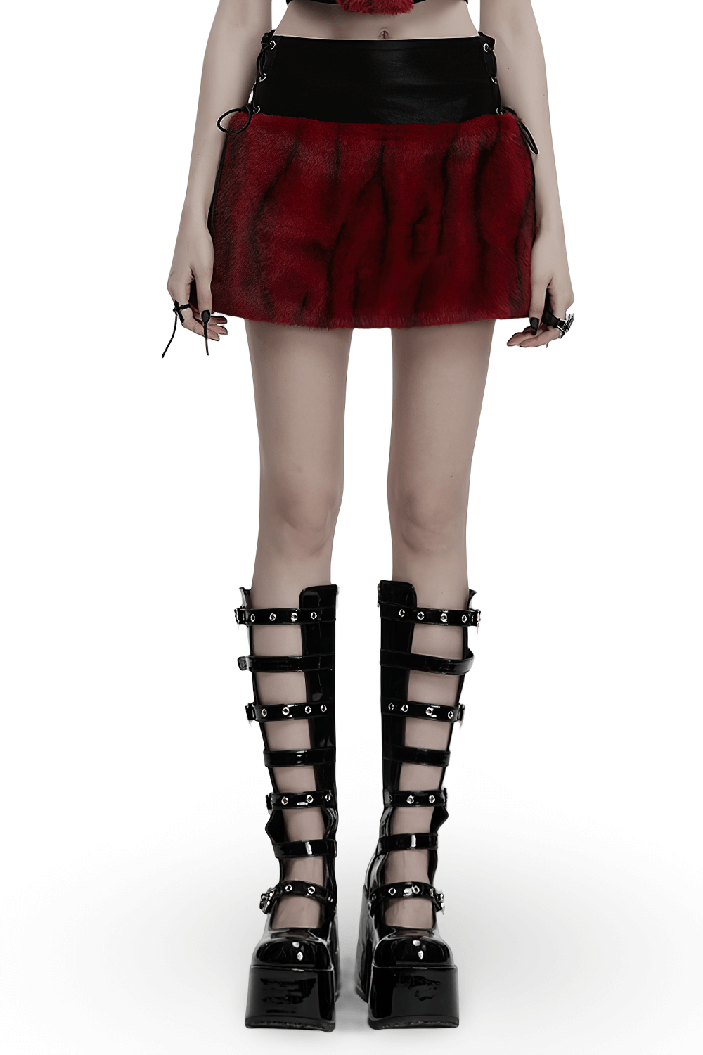 Punk Flame Tie-Dyed Faux Leather and Fur Skirt styled with edgy black platform boots, perfect for bold fashion statements.