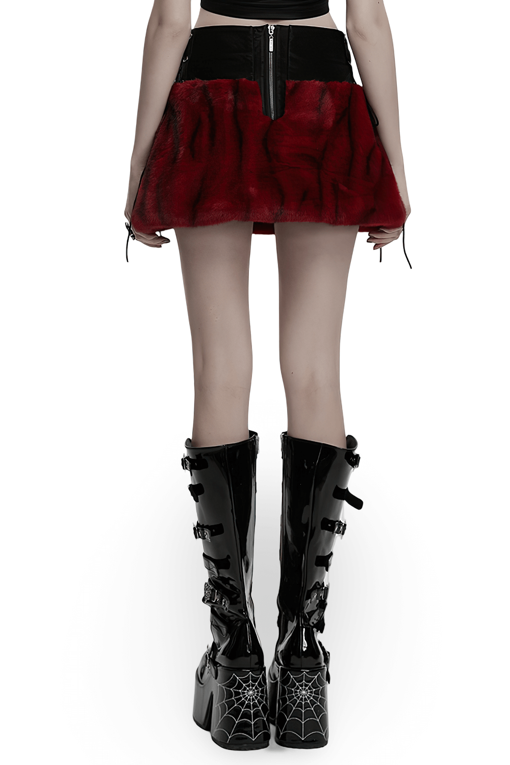 Punk flame tie-dyed faux leather skirt with faux fur, paired with stylish black platform boots.