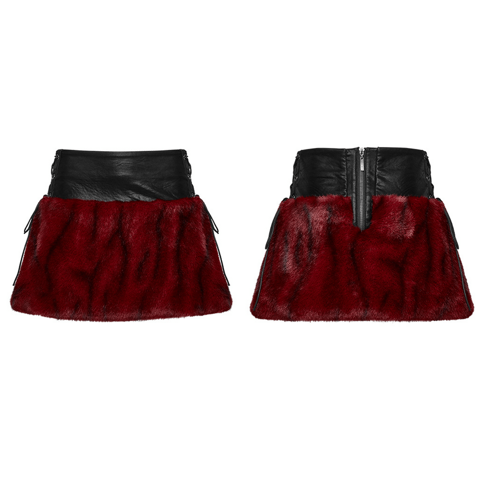 Punk flame tie-dyed faux leather and fur skirt with zip closure and stylish flare in burgundy.