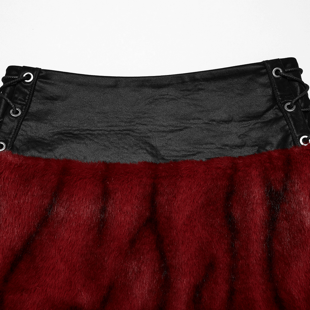 Punk flame tie-dyed faux leather and fur skirt with lace-up detail, perfect for edgy fashion vibes.