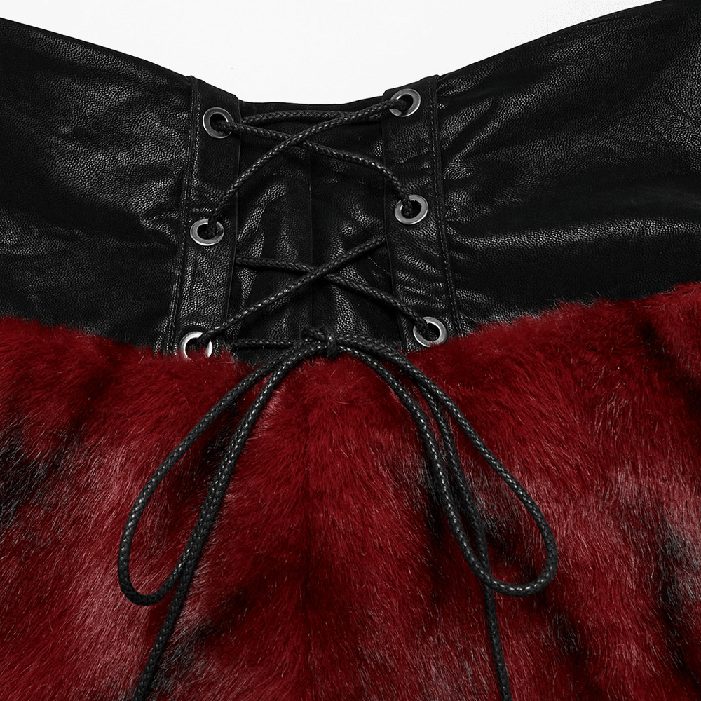 Close-up of the Punk Flame Tie-Dyed skirt, showcasing faux leather and fur texture with lace-up details.