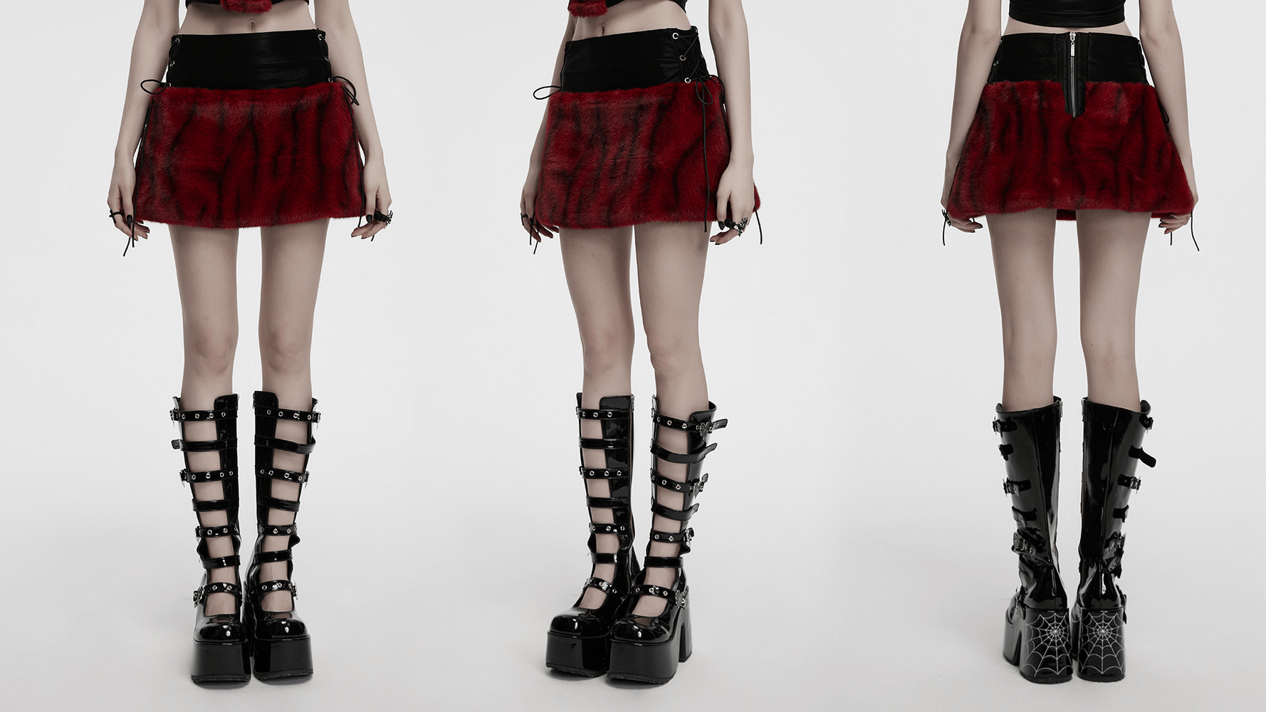 Punk flame tie-dyed faux leather and fur skirt styled with edgy black platform boots.