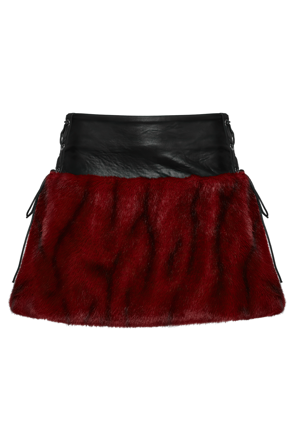 Punk Flame tie-dyed faux leather and fur skirt with striking red and black color contrast, perfect for edgy style.
