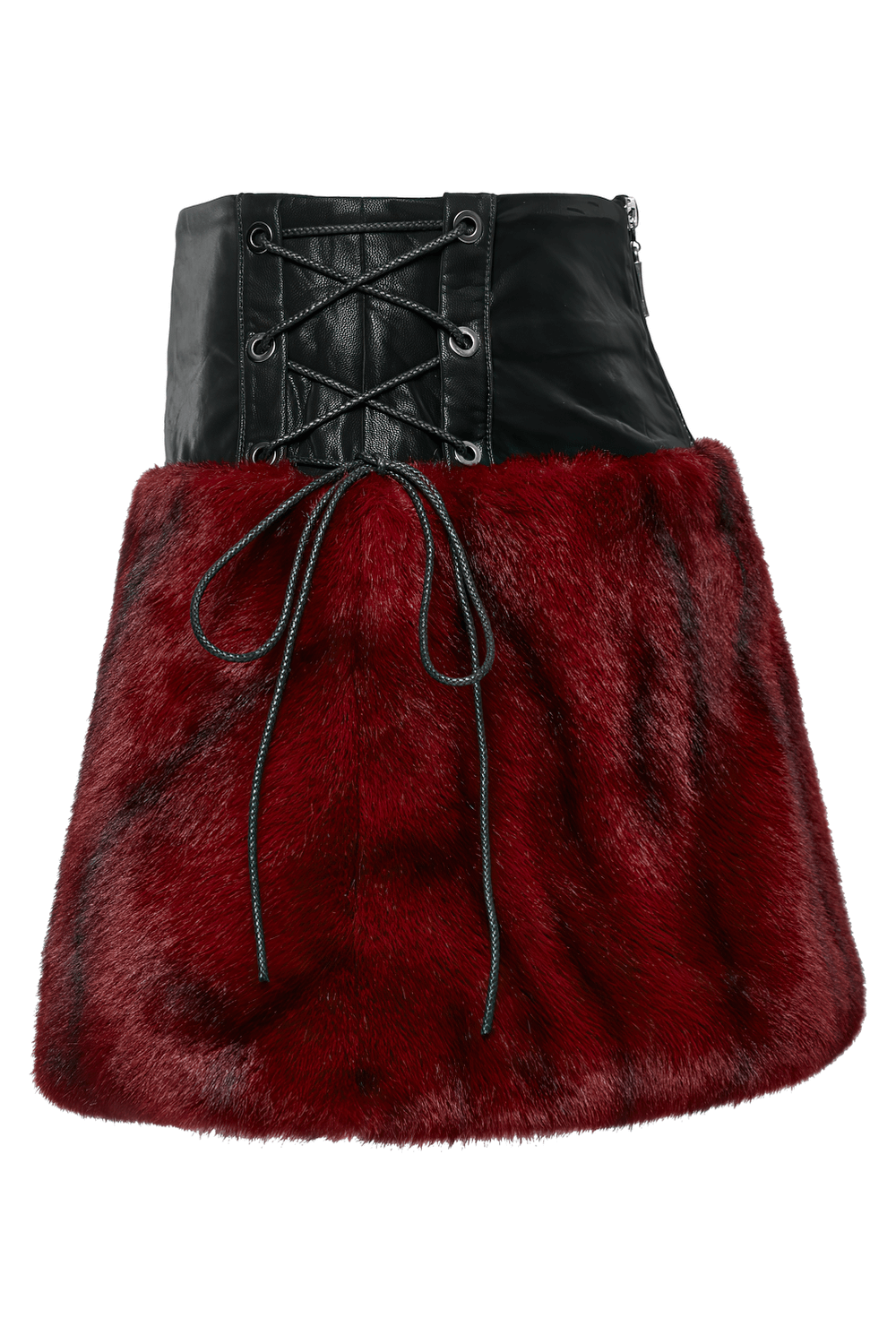 Punk flame tie-dyed faux leather skirt with luxurious red faux fur hem and stylish lace-up detail.
