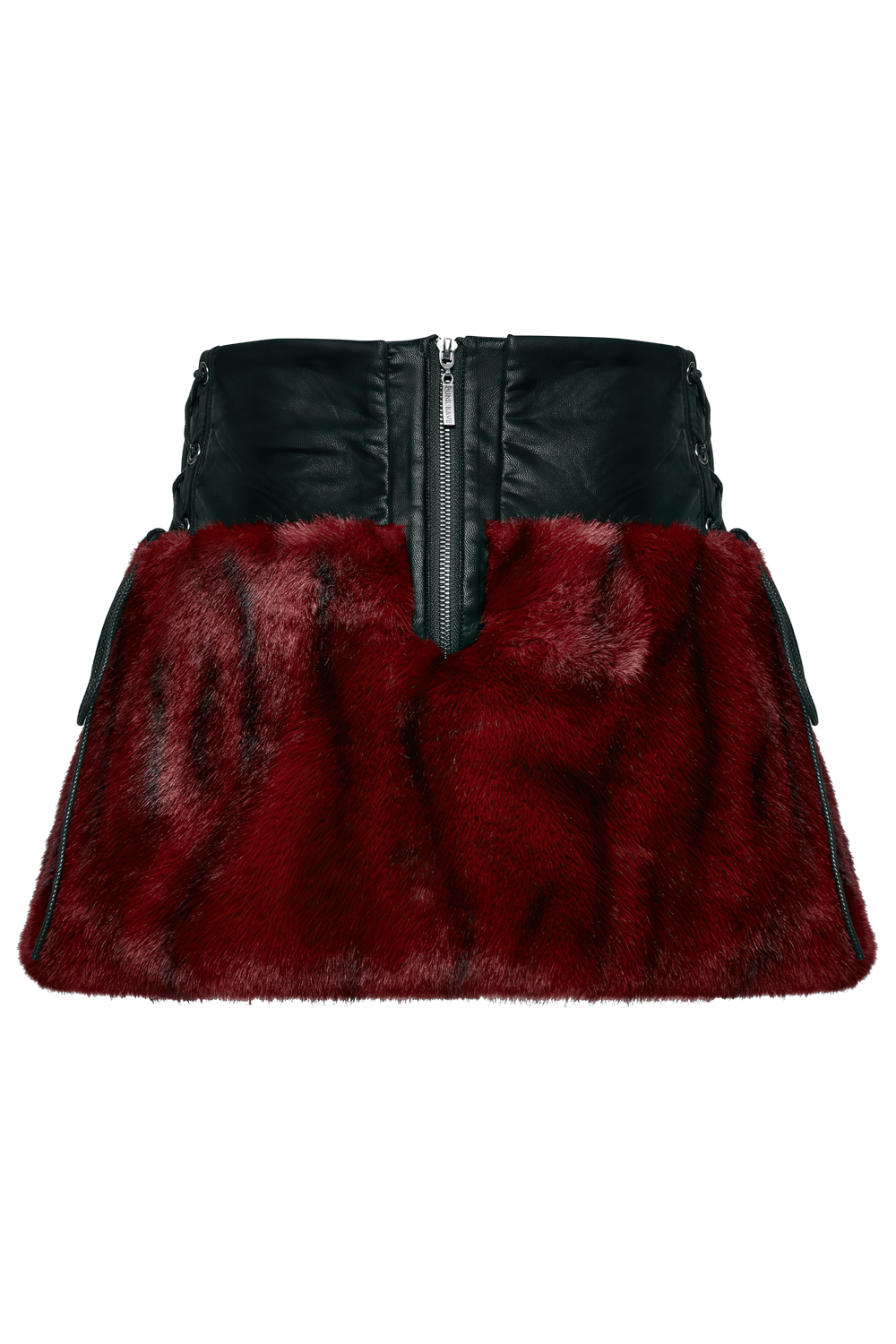 Punk flame tie-dyed faux leather and fur skirt with a stylish black and red design, perfect for edgy fashion lovers.