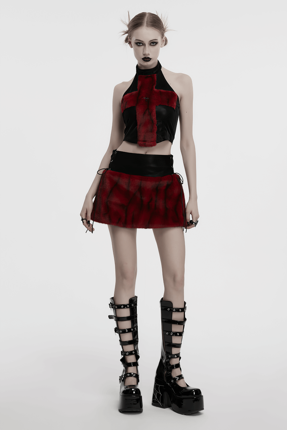 Punk flame tie-dyed faux leather and fur skirt paired with a matching top, perfect for edgy fashion lovers.