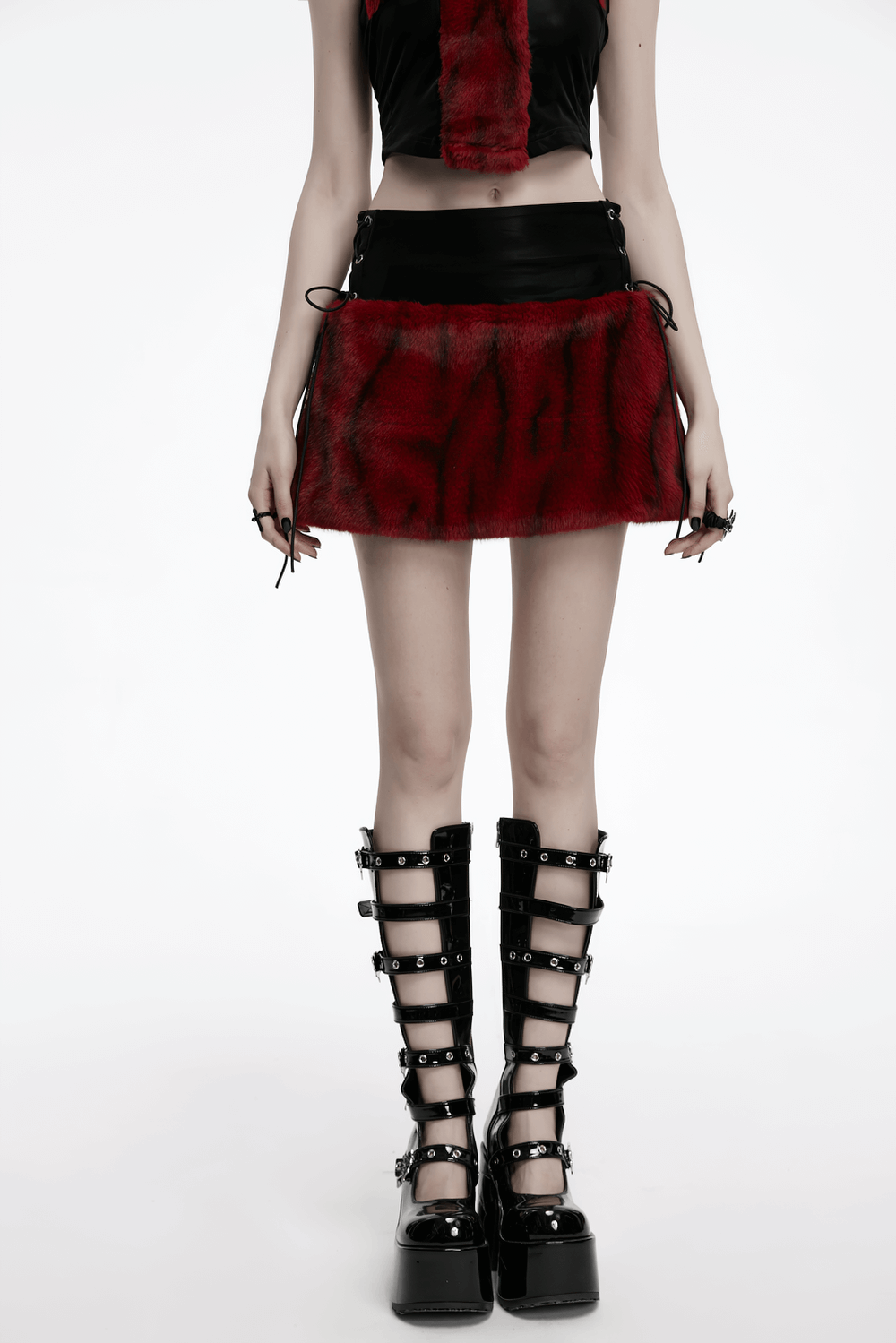 Punk flame tie-dyed faux leather and fur skirt with edgy details and stylish knee-high platforms.