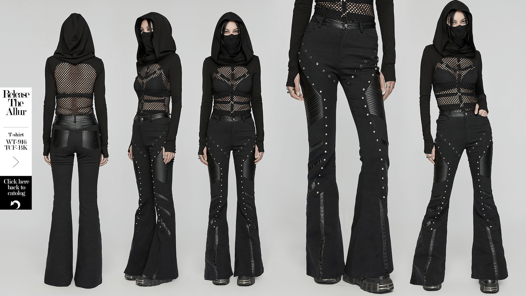 Women's punk flare trousers featuring leather panels, rivets, and edgy design, perfect for alternative fashion.