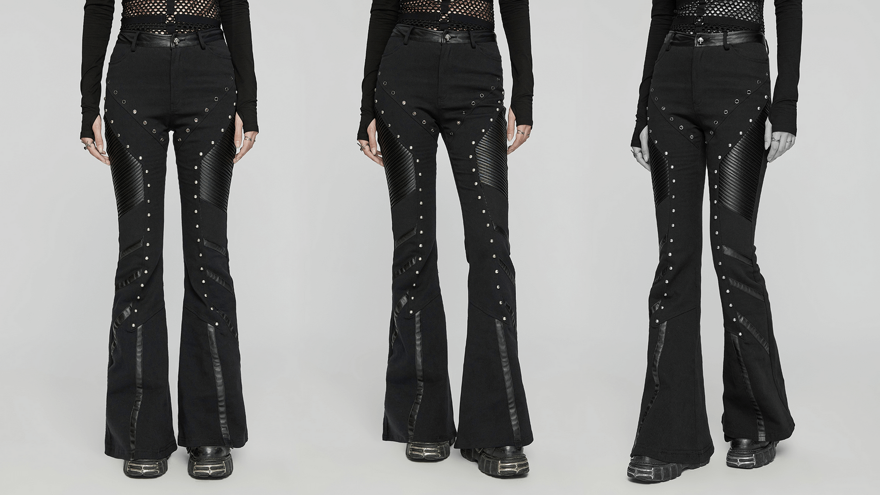 Women's punk flare trousers with rivets and leather panels, showcasing a gothic rock style.
