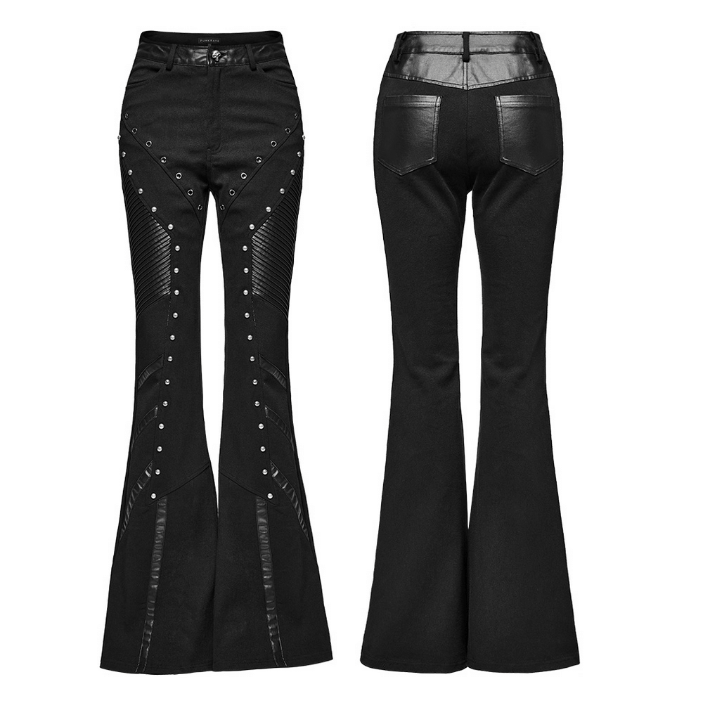 Women's black punk flare trousers with leather panels and rivet details, showcasing a striking gothic design.
