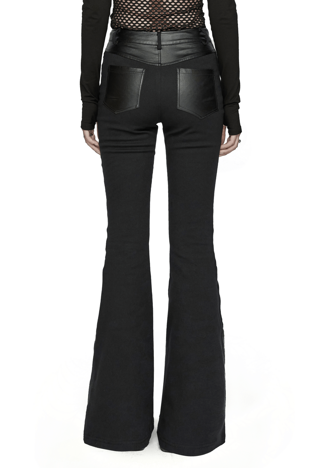 Back view of women's black punk flare trousers with leather panels and rivets for a striking edgy look.