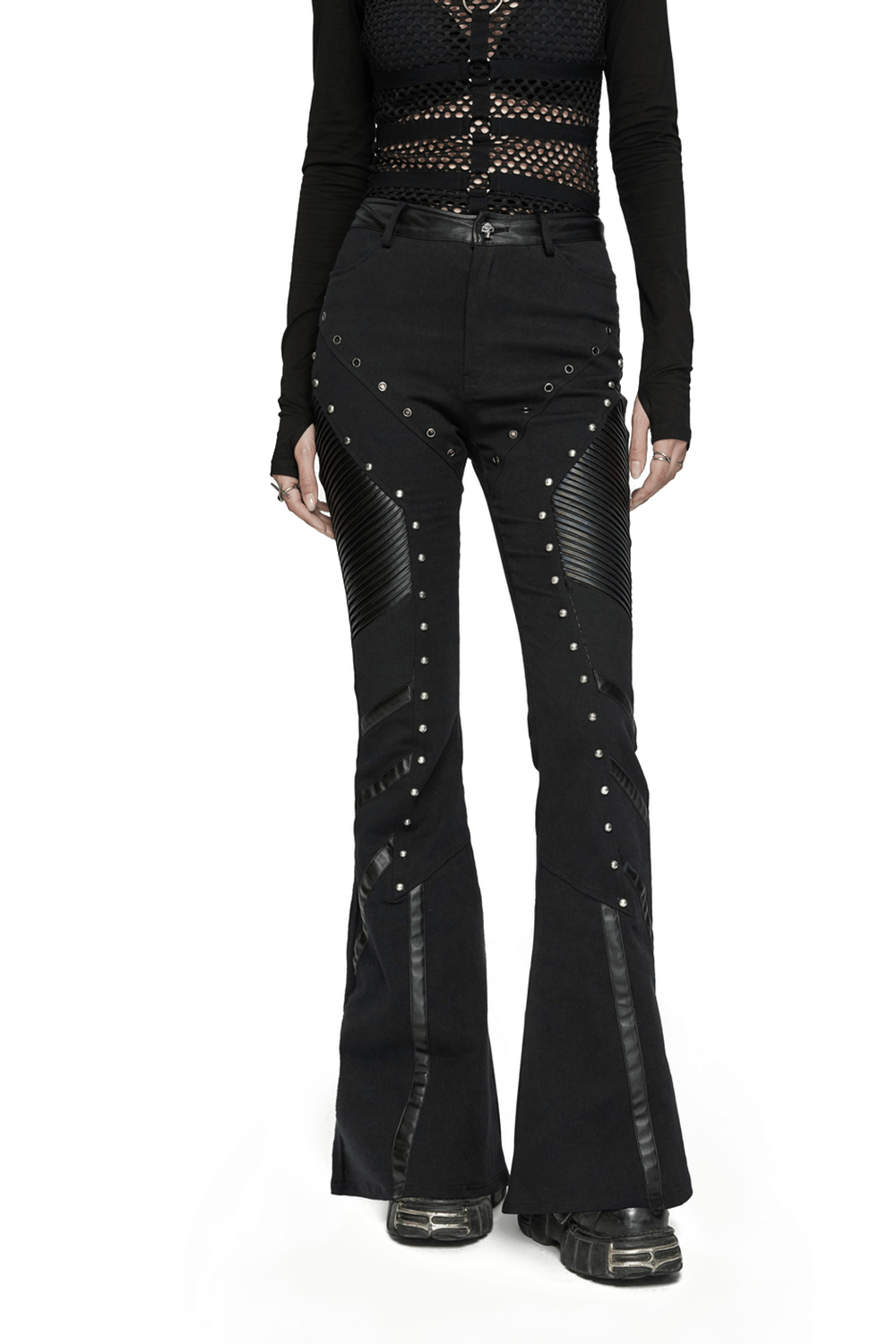 Edgy women's black punk flare trousers with rivets and leather panels for a gothic look.