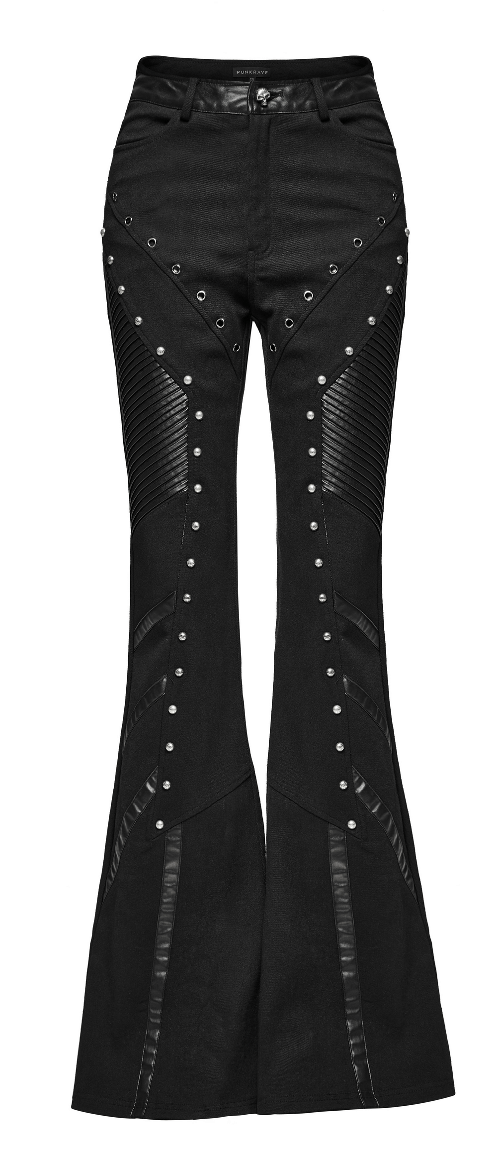 Pantalon évasé punk avec rivets et empiècements en cuir