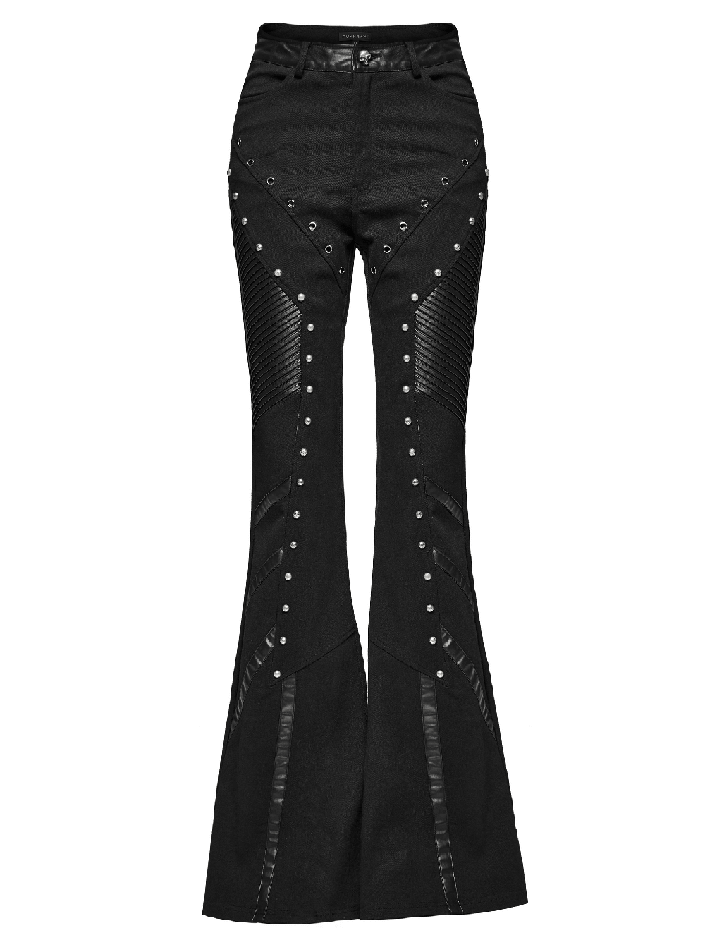 Punk flare trousers featuring rivets and leather panels for a bold gothic look, perfect for edgy fashion lovers.