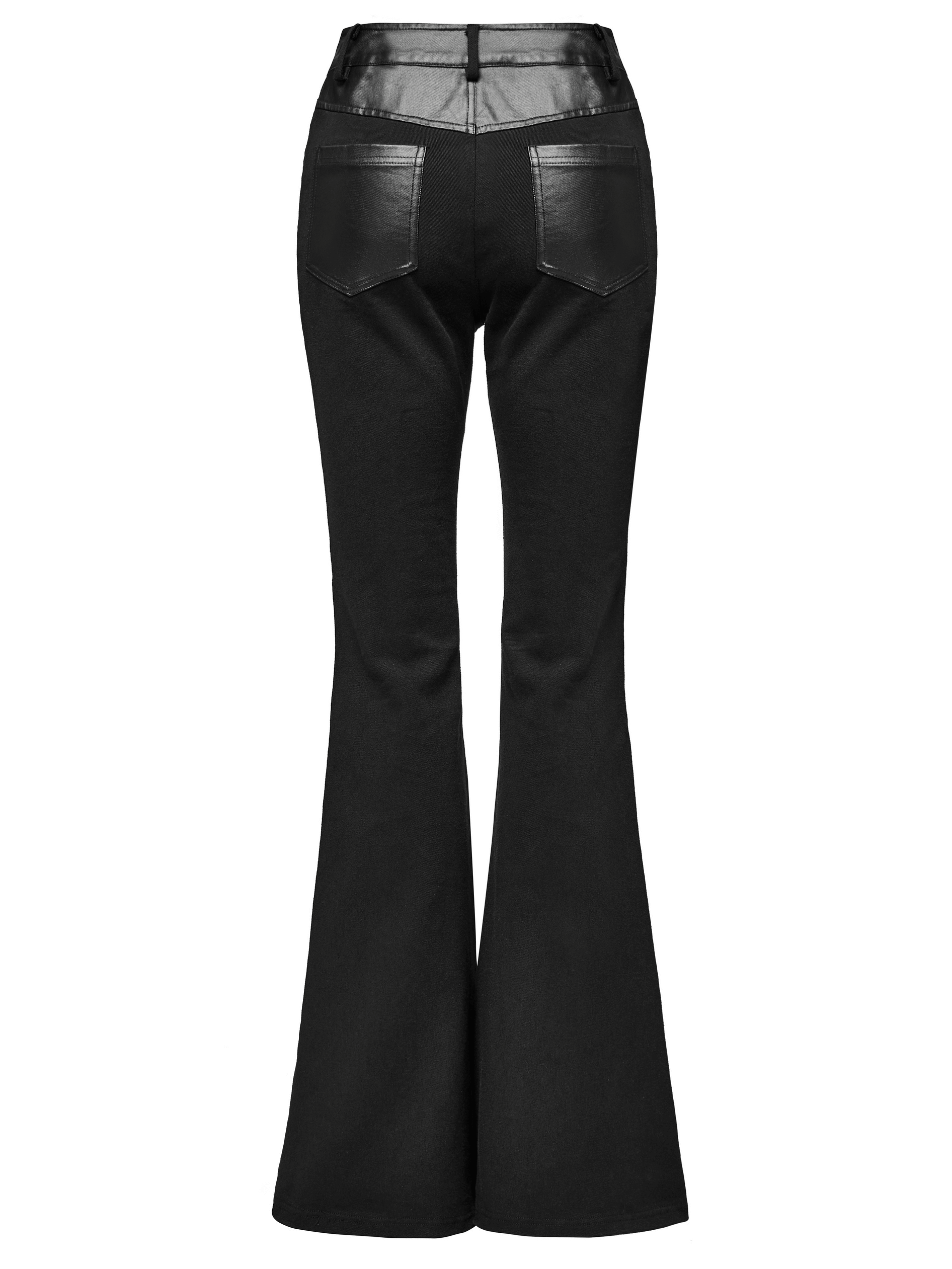 Women's black flare trousers with leather panels and rivets, showcasing a punk rock style from the back.