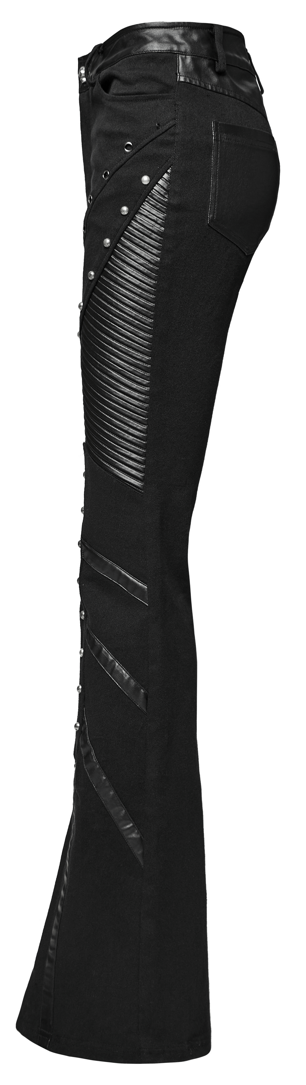 Pantalon évasé punk avec rivets et empiècements en cuir