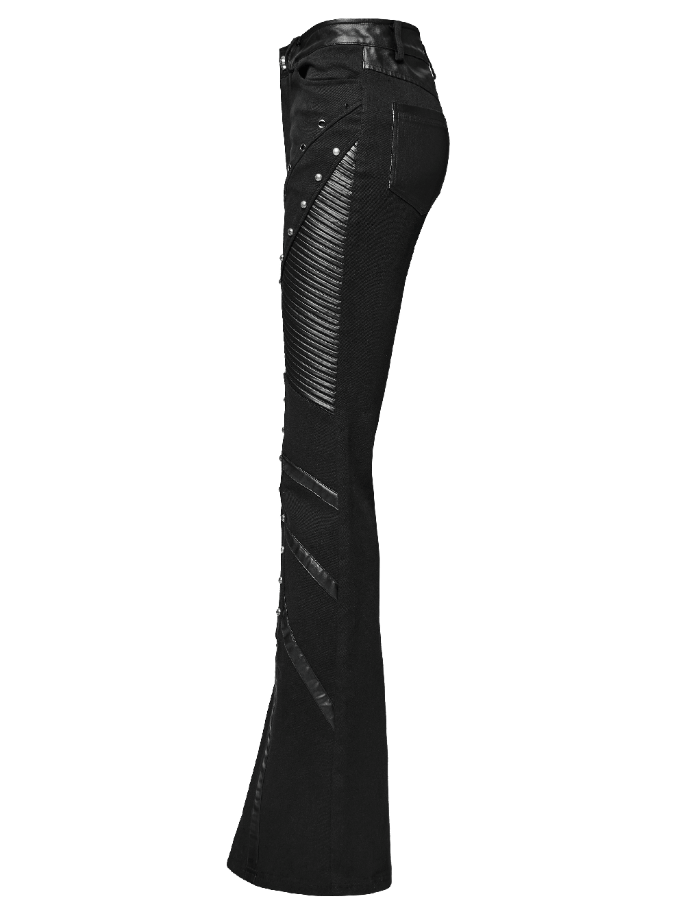 Punk flare trousers with rivets and leather panels in black, showcasing a bold, edgy design.