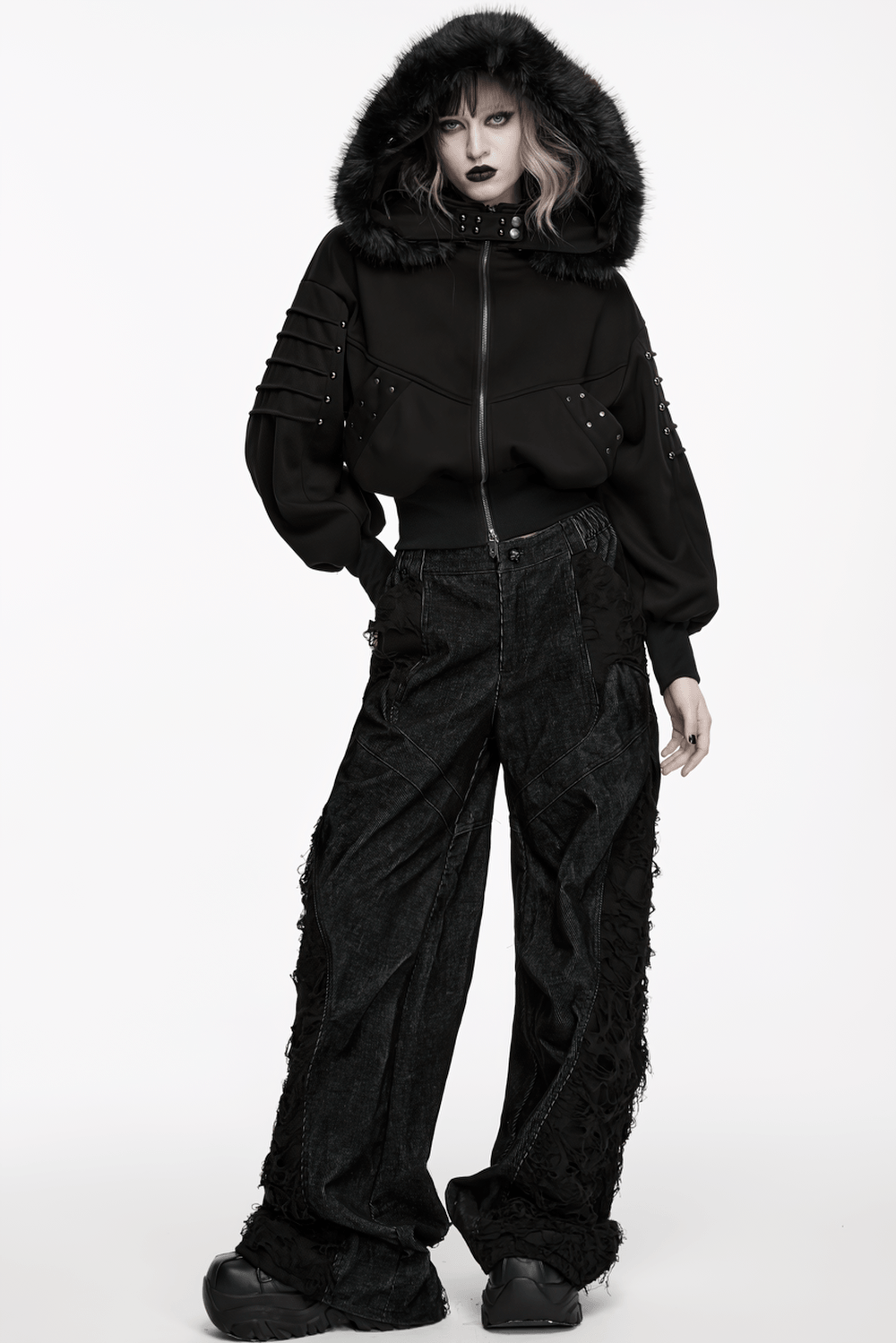 Punk Fleece Jacket with Fur Collar and Ribbed Trim worn by a model with dramatic makeup.
