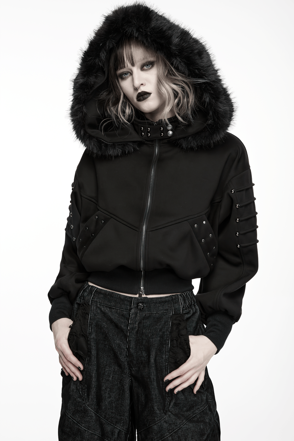 Punk Fleece Jacket with Fur Collar and Ribbed Trim featuring a stylish black design and dramatic faux fur hood.