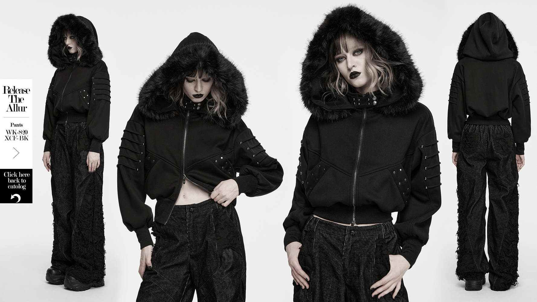 Punk Fleece Jacket with Fur Collar and Ribbed Trim showcasing a chic cropped gothic style with a faux fur hood.