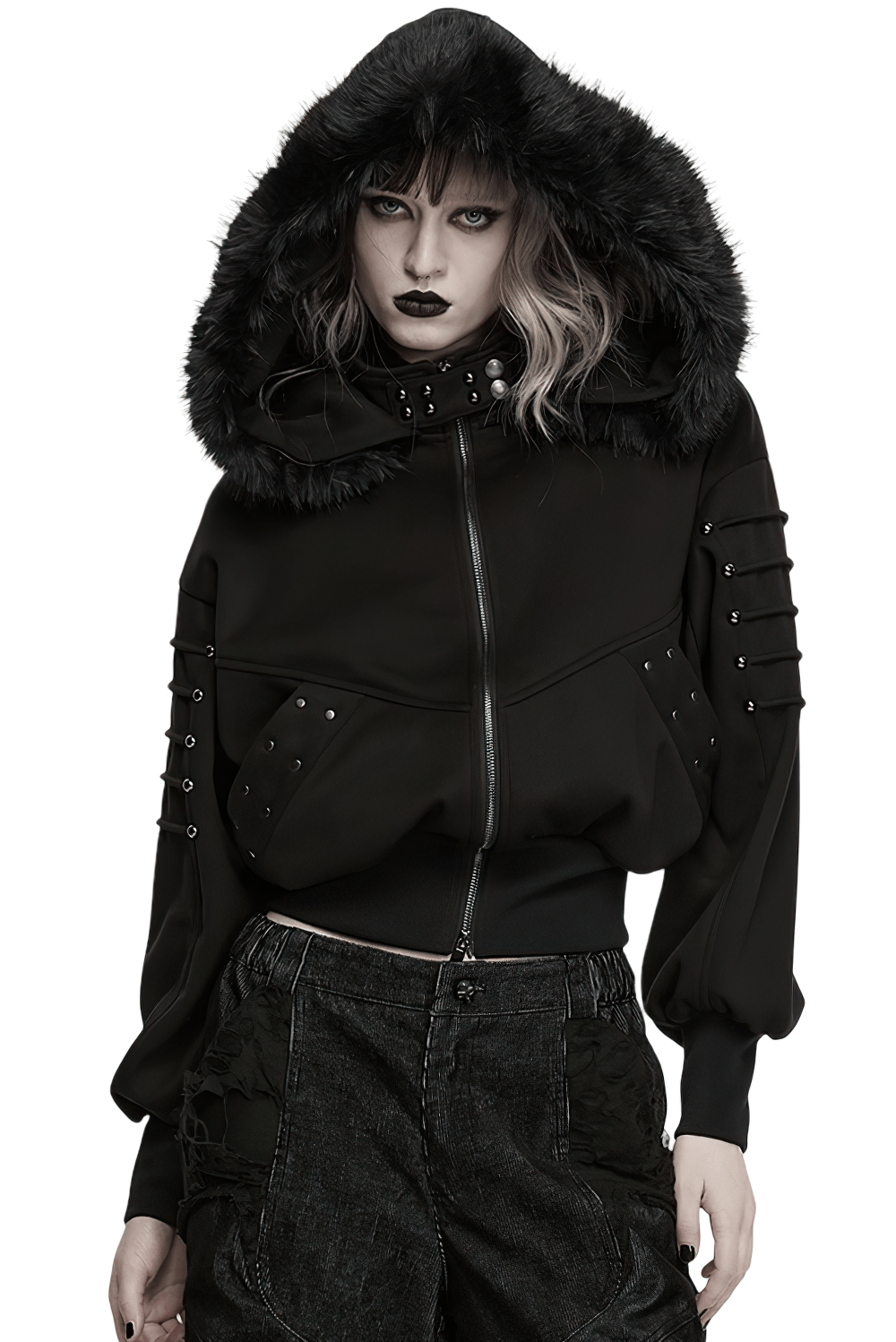 Punk Fleece Jacket with Fur Collar and Ribbed Trim in stylish black with faux fur hood and edgy details.