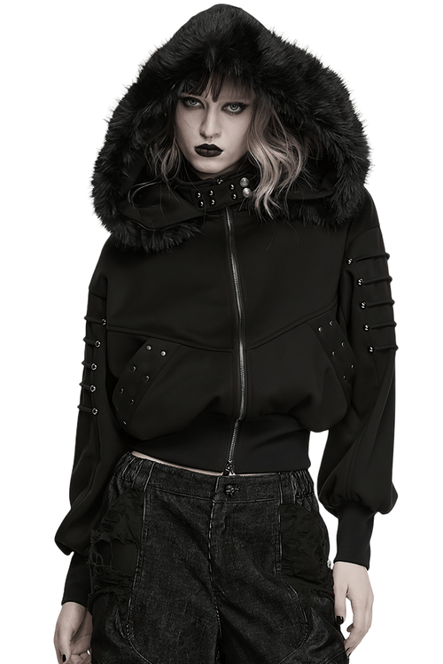 Punk-Fleecejacke mit Pelzkragen und Rippbündchen