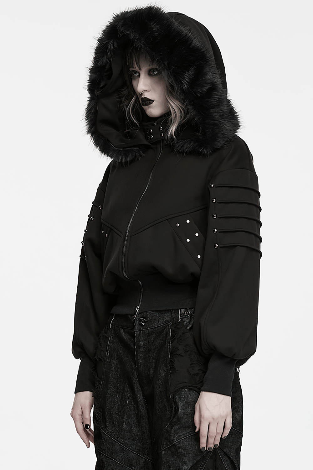 Punk Fleece Jacket with Fur Collar and Ribbed Trim on model featuring bold street style and dramatic faux fur hood.