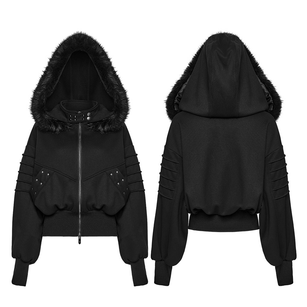 Punk Fleece Jacket with Fur Collar and Ribbed Trim showcasing a cropped gothic silhouette in black with faux fur and ribbed details.