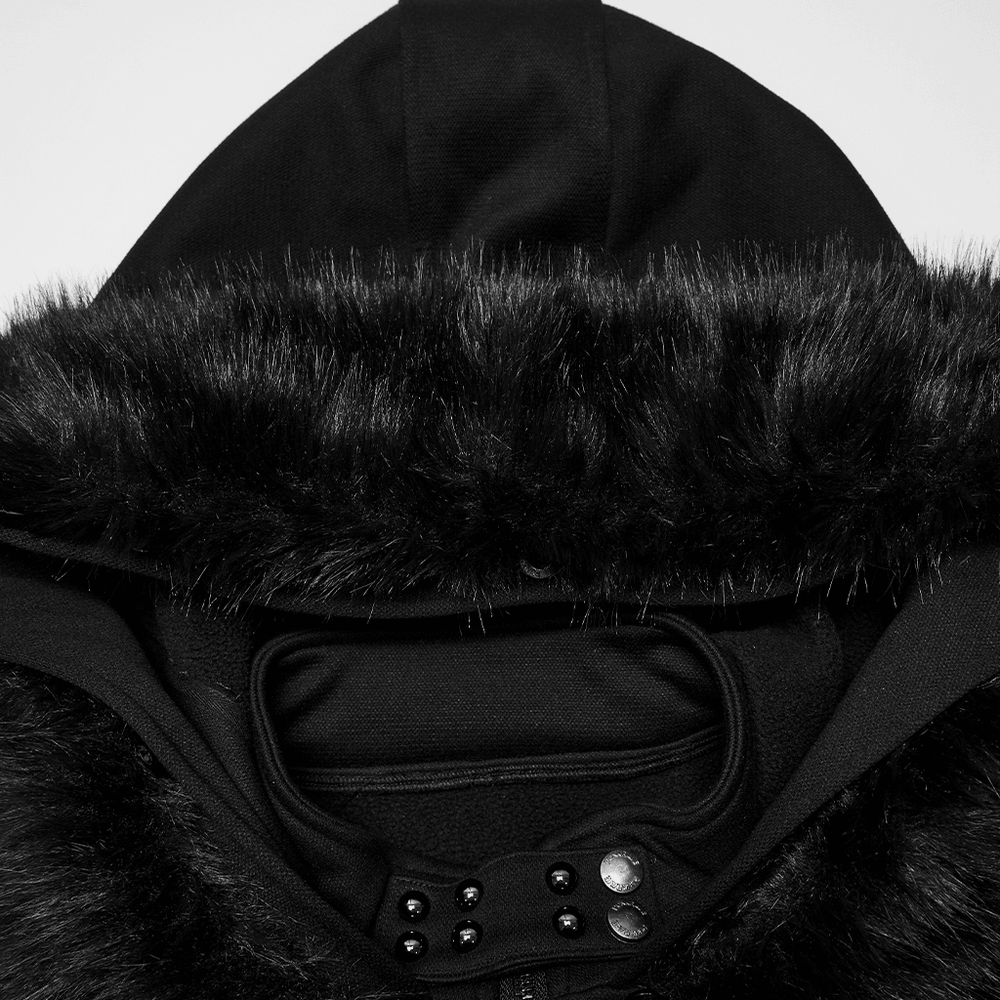 Punk Fleece Jacket with Fur Collar and Ribbed Trim featuring a luxurious faux fur hood.