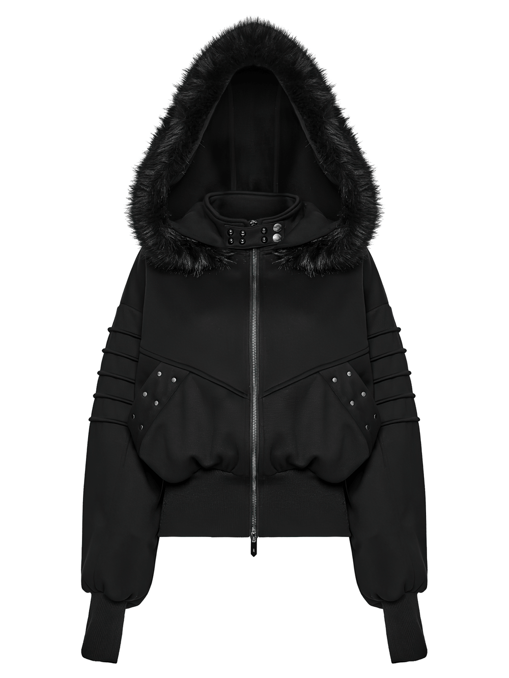 Punk Fleece Jacket with Fur Collar and Ribbed Trim featuring a stylish black design and cropped silhouette.