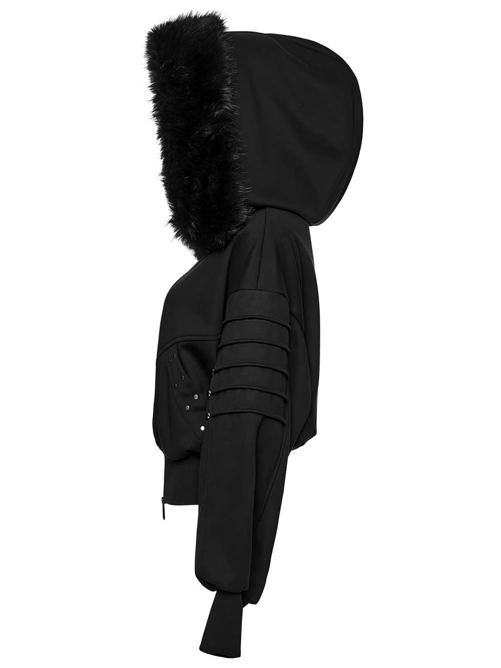 Punk Fleece Jacket with Fur Collar and Ribbed Trim featuring a stylish cropped silhouette and faux fur hood.