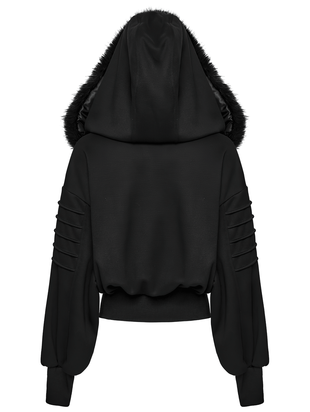 Punk Fleece Jacket with Fur Collar and Ribbed Trim back view showcasing faux fur hood and ribbed sleeves.