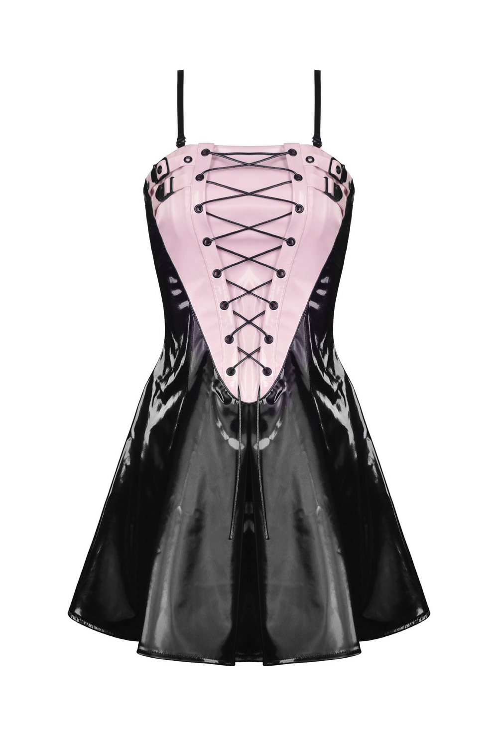 Punk Glossy Vinyl Lace-Up Mini Dress with Buckles