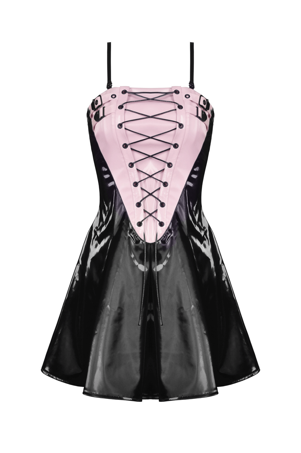 Punk Glossy Vinyl Lace-Up Mini Dress in black patent leather and pink, featuring buckles and eyelets for a bold statement.