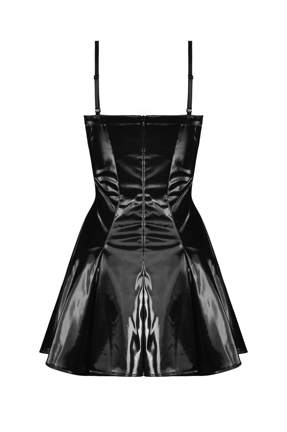 Back view of a punk glossy vinyl mini dress in black, featuring a flared skirt and spaghetti straps.