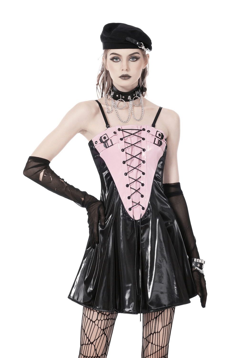 Punk Glossy Vinyl Lace-Up Mini Dress in black patent leather and pink, accessorized with fishnets and gloves.