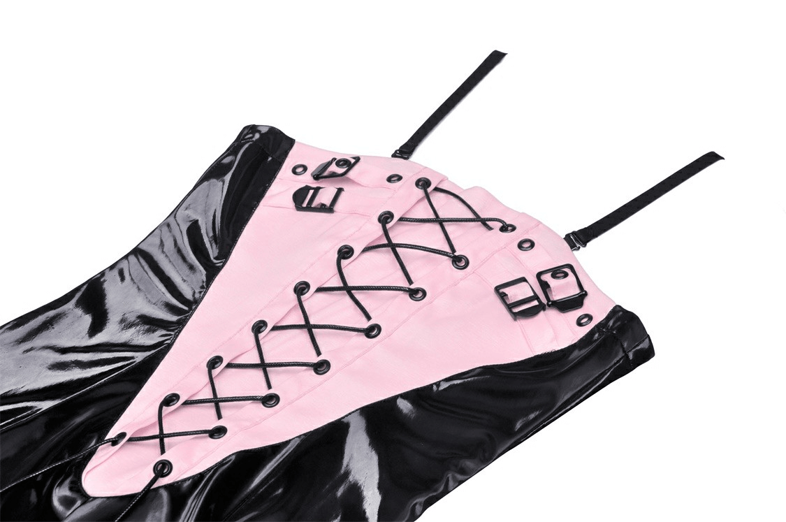 Punk glossy vinyl lace-up mini dress in black patent leather and pink, featuring eyelets and buckles.